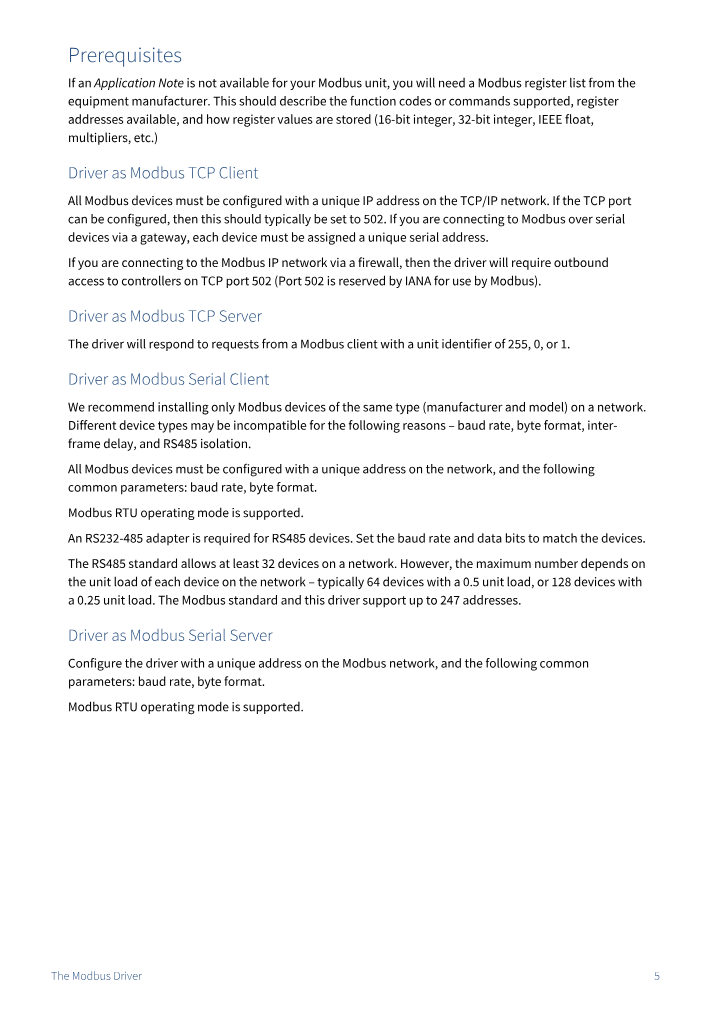 Preview thumbnail of page 5 of the Modbus Driver Manual PDF document.